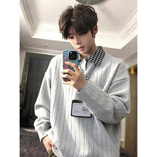 白灰色假两件卫衣男生秋冬加绒内搭上衣cleanfit千鸟格长袖polo衫
