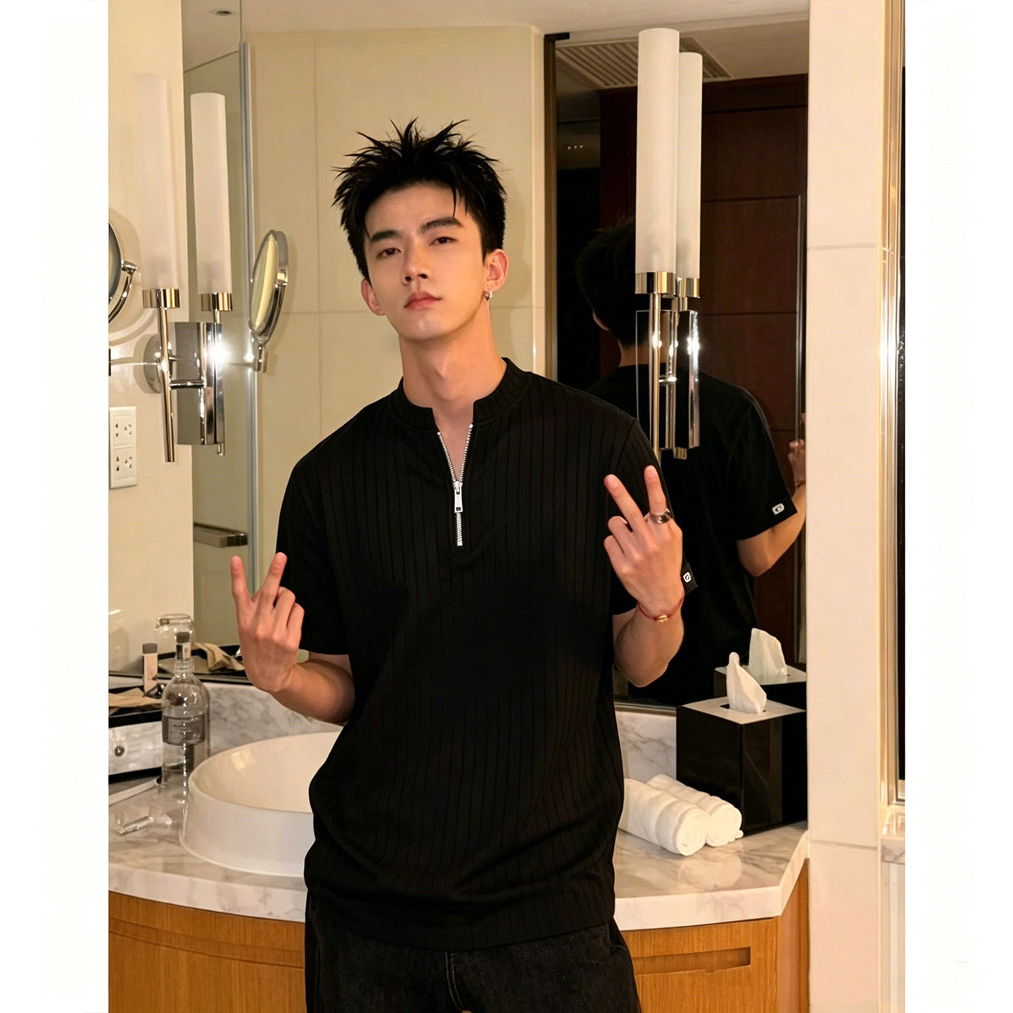 老钱风半拉链针织短袖男款夏季肌理感冰丝立领polo衫健身运动T恤