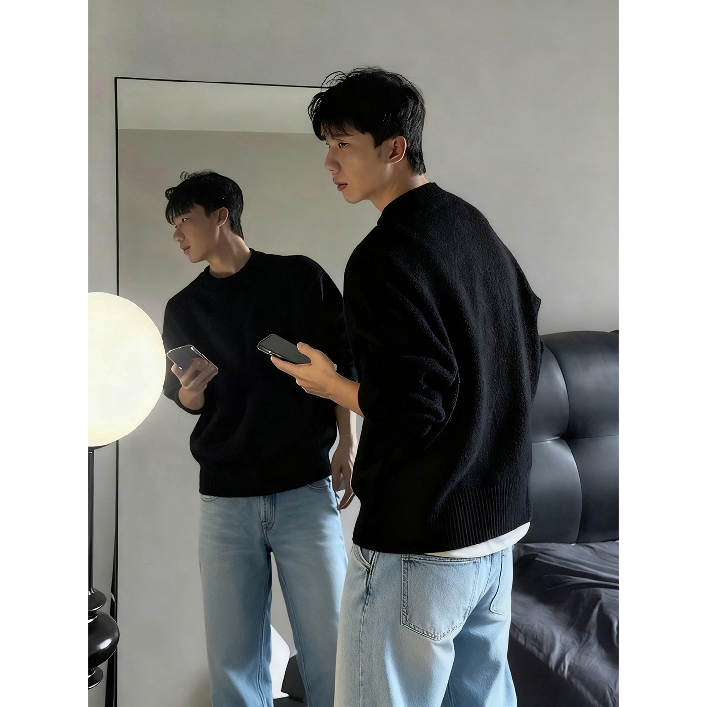 美式黑色圆领毛衣男款秋冬季
