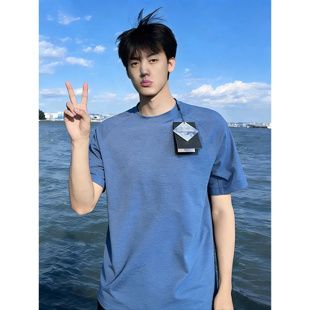 冰丝运动健身T恤户外跑步小领口半袖 夏季 男款 雾霾蓝凉感速干短袖