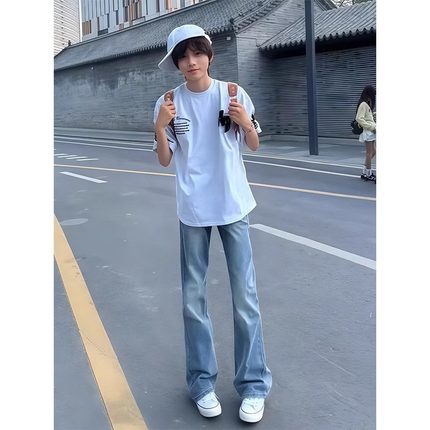 复古高街vibe浅蓝色弯刀牛仔裤男生美式直筒裤子修身高腰微喇长裤