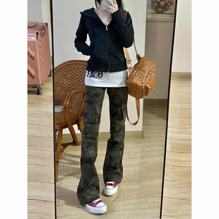 美式复古迷彩工装裤女男款秋季高街显瘦裤子小个子高腰微喇牛仔裤