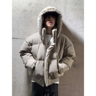 美式 高级感短宽boxy加厚保暖可拆卸毛领棉服 PU皮连帽羽绒服男冬季