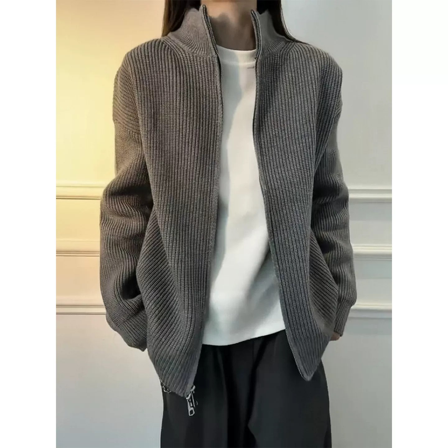 灰色双拉链立领开衫毛衣男秋季慵懒松弛感针织衫cleanfit正肩外套