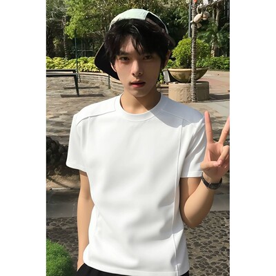 美式重磅解构拼接白色半袖T恤男