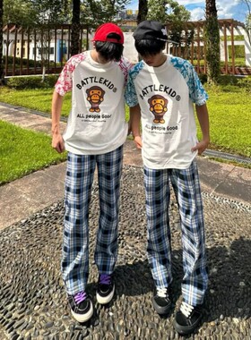美式高街蓝色格纹裤子男夏季薄款透气休闲微喇裤显腿长运动直筒裤