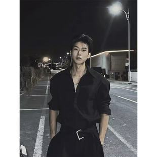 那不勒斯痞帅高级感黑色长袖衬衫男垂感西装内搭上班通勤教父衬衣