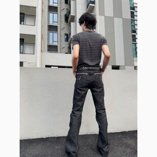 四线窄幅刺绣原牛牛仔裤男款夏季美式高街vibe裤子设计感微喇裤
