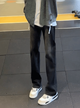 美式复古显瘦弹力百搭直筒微喇牛仔裤子男女vibe修身黑色长裤潮流