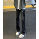 美式 潮流 黑色长裤 复古显瘦弹力百搭直筒微喇牛仔裤 子男女vibe修身
