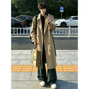 卡其色韩系中长款风衣外套男款秋季高级感穿搭双排扣翻领正肩大衣