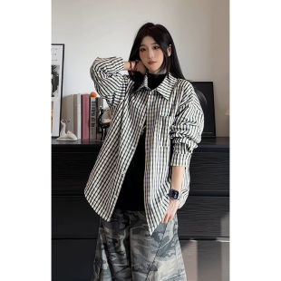 vintage翻领衬衫 2026新款 青少年高级感外套 复古条纹衬衣男款 美式