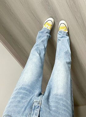 cleanfit浅蓝色水洗牛仔裤男夏季美式高街裤子修身显瘦微喇直筒裤