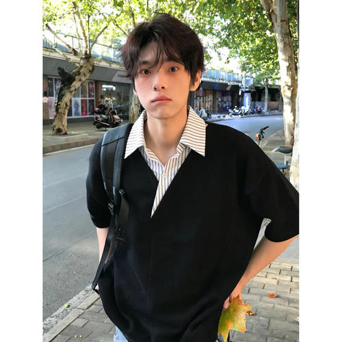 假两件条纹衬衫领短袖Polo衫男