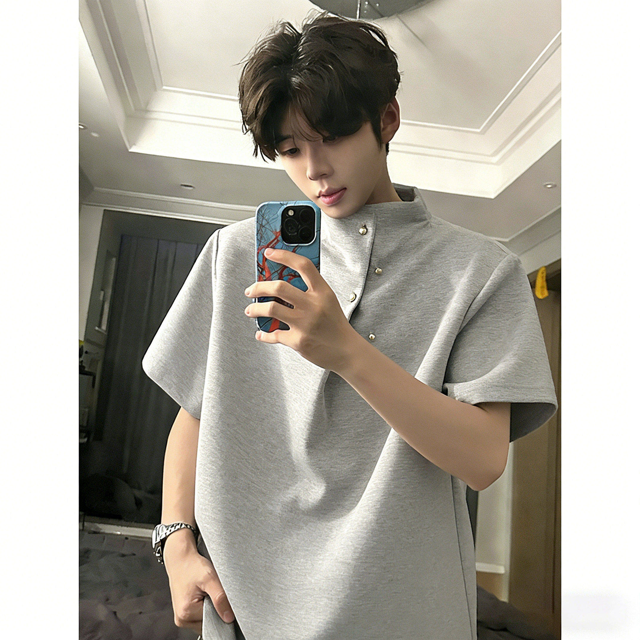 不规则纽扣垫肩短袖男款夏季美式重磅半高领T恤cleanfit五分半袖