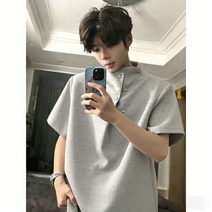 不规则纽扣垫肩短袖男款夏季美式重磅半高领T恤cleanfit五分半袖