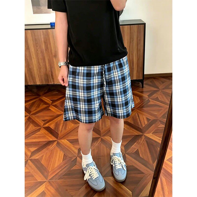 美式复古格子男透气五分运动裤图片
