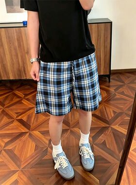 美式复古格子男透气五分运动裤