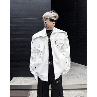 白色解构机车皮衣外套男春秋款 高街痞帅宽松休闲重工夹克 vibe美式