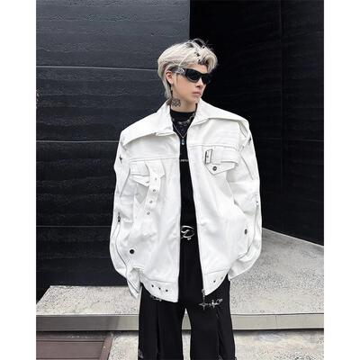 白色解构机车皮衣外套男春秋款