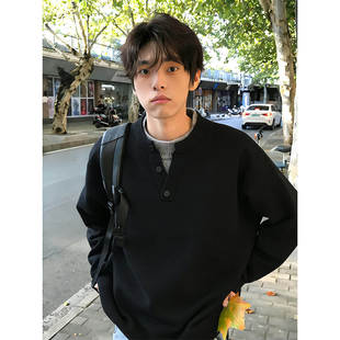 黑色假两件V领毛衣男秋冬加绒亨利领针织衫美式慵懒风打底衫卫衣