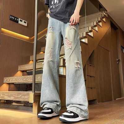 2024夏季新款阔腿黄泥色牛仔裤子