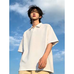 白色海鸥V领短袖polo衫男款夏季正肩boxy拼接翻领t恤美式重磅半袖