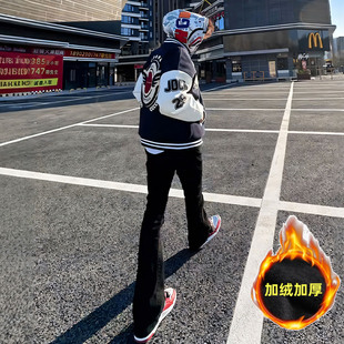 美式高街vibe黑色柳叶弯刀加绒牛仔裤秋冬季直筒修身微喇长裤男生