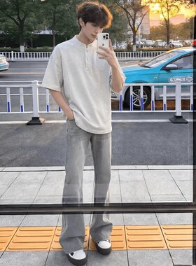 烟灰色美式微喇牛仔裤男夏季修身百搭提档裤子潮流vibe窄版直筒裤