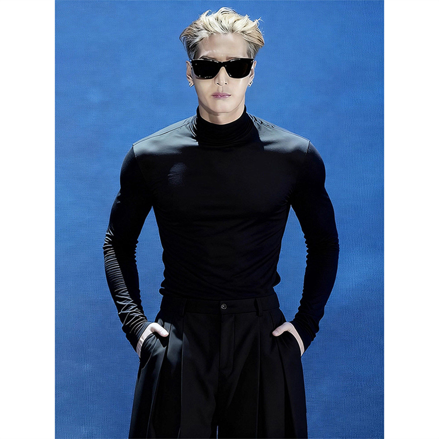 王嘉尔同款黑色修身打底衫男秋冬加绒内搭半高领卫衣正肩长袖t恤