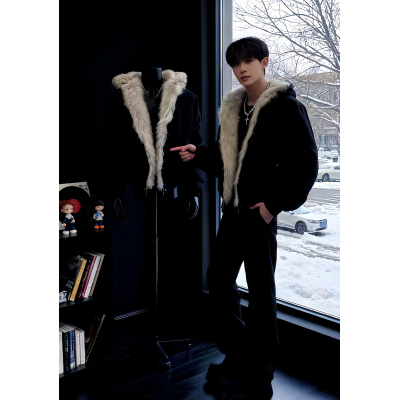 座山雕毛领连帽棉服冬季保暖