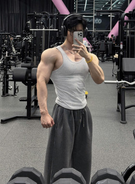 灰色螺纹坎肩运动背心男美式显肌肉健身训练工字汗衫弹力透气T恤