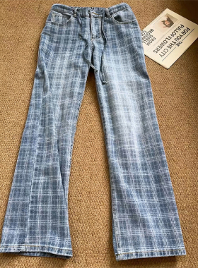 cleanfit蓝色格子牛仔裤男夏季潮牌水洗做旧弯刀裤子直筒微喇长裤