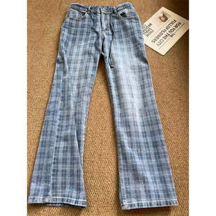 cleanfit蓝色格子牛仔裤男夏季潮牌水洗做旧弯刀裤子直筒微喇长裤