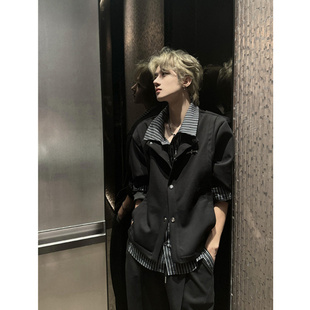 外套 翻领高级感衬衣痞帅开衫 cleanfit假两件条纹拼接衬衫 卫衣男款