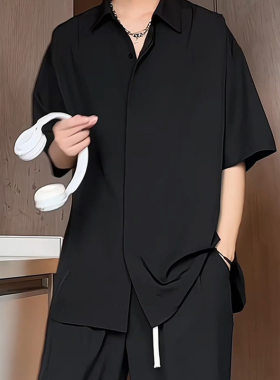 黑色dk衬衫短袖男款夏季套装古巴领冰丝衬衣西装高级感七分袖外套