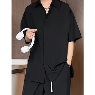 黑色dk衬衫短袖男款夏季套装古巴领冰丝衬衣西装高级感七分袖外套