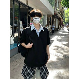 黑色假两件衬衫正肩短袖男款夏季高级感痞帅v领t恤条纹拼接polo衫