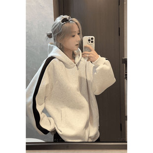 白灰色复古连帽卫衣男款秋冬季美式重磅拉链开衫外套慵懒情侣帽衫