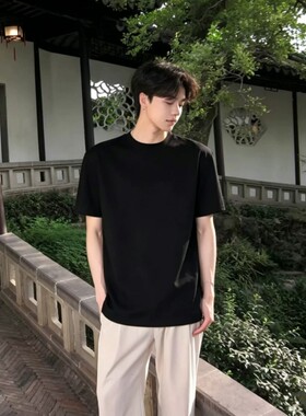 cleanfit黑色纯棉短袖男款夏季美式高街正肩T恤痞帅高级感五分袖