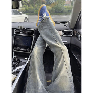 美式复古斜切弯刀牛仔裤男款秋冬修身加绒微喇裤子高街vibe直筒裤