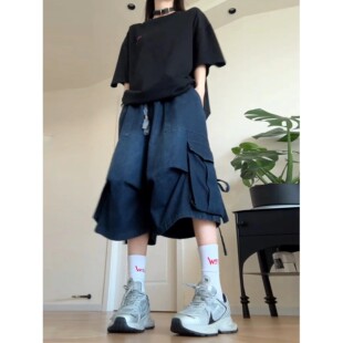 新中式国风牛仔短裤男女夏季小众飘带设计感工装裤美式复古七分裤