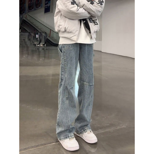 蓝色美式高街显瘦微喇牛仔裤男