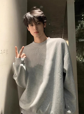 美式400g重磅白灰色卫衣男款秋季小领口长袖t恤基础款内搭打底衫
