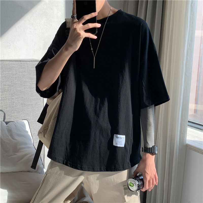 网红夏季短袖T恤男装宽松潮牌打底衫时尚百搭休闲简约五分袖ins潮