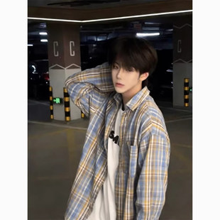 美式复古黄色格子长袖衬衫男款春秋慵懒风宽松衬衣少年感格纹外套