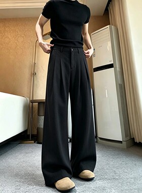 黑武士仿亚麻褶皱西裤男夏季薄款cleanfit老钱风韩系直筒冰丝裤子