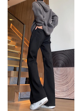 美式高街vibe裤子加长版黑色弯刀牛仔裤秋季款直筒修身微喇裤男生