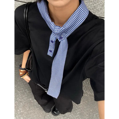 学院风重磅格子假两件短袖T恤