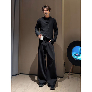黑色垂感弯刀西裤男款秋冬加绒加厚宽松阔腿微喇裤高个子加长裤子